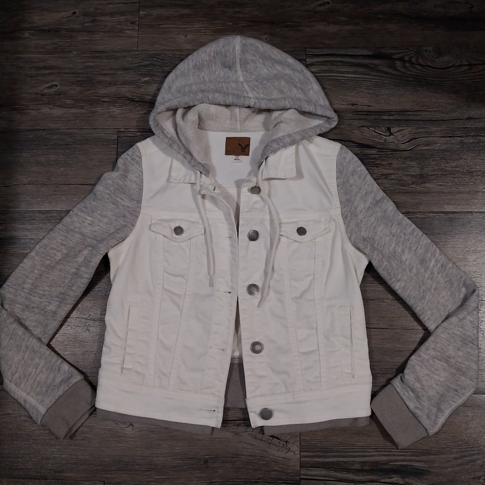 American Eagle Gray White Hooded Jean Denim Jacket Womens Size Small